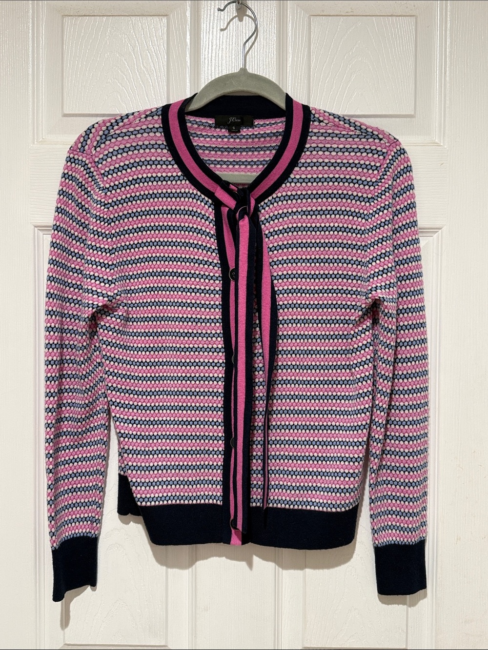 J. Crew Pink and Navy Striped Tie-Neck Cardigan Size Small